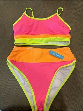 NWT PopVivi Pink, Orange & Yellow Two-Piece High-Waist Bikini